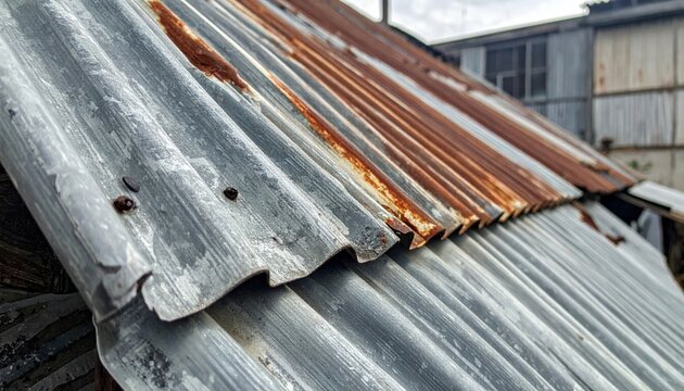 Close-up of weathered, zinc-coated corrugated metal roofing showing aged texture with rust and subtle oxidation patterns