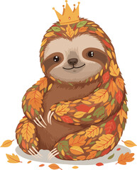 Fototapeta premium Cute Sloth King Autumn Leaves Costume Adorable Illustration