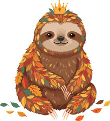 Fototapeta premium Cute Sloth King Autumn Leaves Crown Isolated Vector