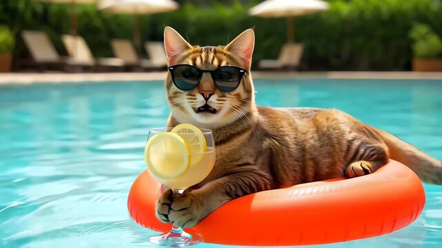 Funny Cat with Sunglasses Floating in Pool with Drink