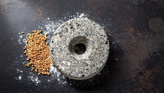 Rustic, mottled grinding stone with fine grain dust and a collection of golden whole wheat kernels, rests on a dark, textured surface, highlighting traditional food preparation.
