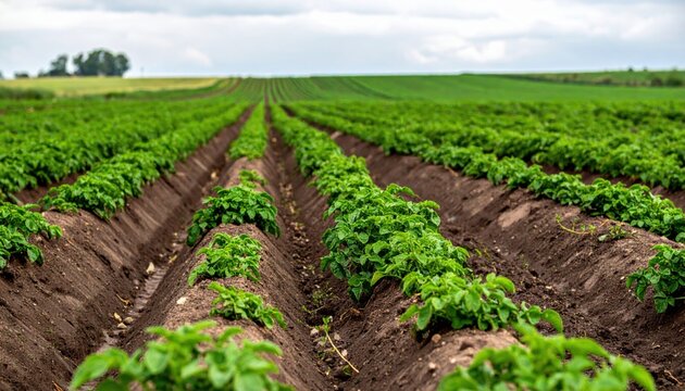 Lush young potato plants thriving in organized rows within a vast agricultural field, their vibrant green foliage stretching towards the horizon under a soft, cloudy sky.