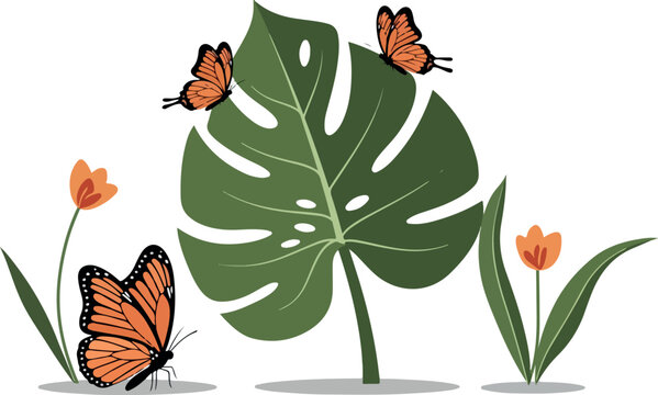 Monstera Leaf With Monarch Butterflies And Orange Tulips Minimalist Vector