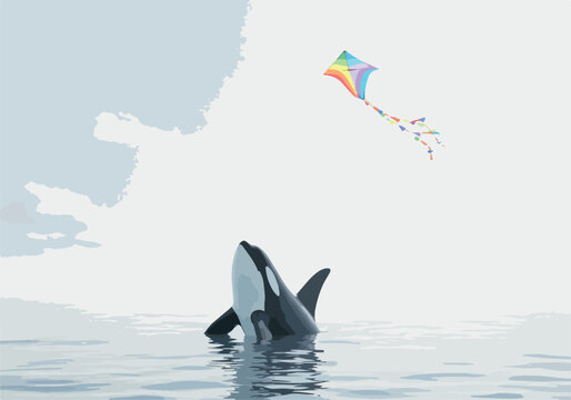 Orca whale jumps from ocean water to catch a rainbow kite under a cloudy sky