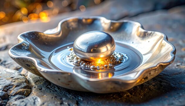 A shiny metallic gallium pellet slowly melting into a captivating liquid puddle within a uniquely sculpted non-human inert ceramic dish.