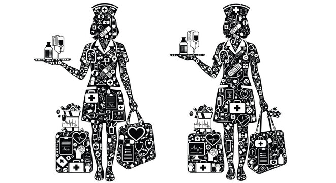 Set of 2 black and white patchwork nurse icons vector