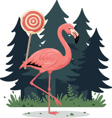 Obraz premium Pink Flamingo Standing With Lollipop In Dark Forest Minimal Illustration