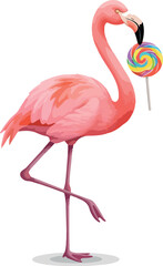 Obraz premium Pink Flamingo Holding Swirl Lollipop Candy Vector