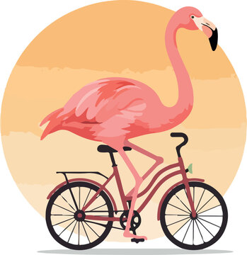 Pink Flamingo Rides Bicycle Under Warm Orange Sun Minimal Illustration