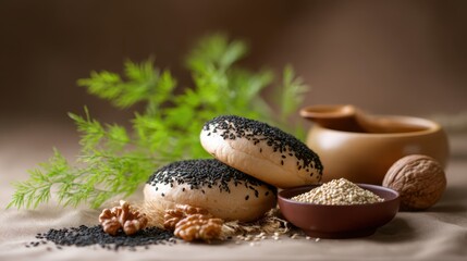 Obraz premium Black sesame seed buns with walnuts and sesame seeds on a textured surface, accompanied by a clay pot and green herbs in the background