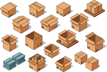 Fototapeta premium Isometric Cardboard Boxes Set Flat Design Isometric Illustration