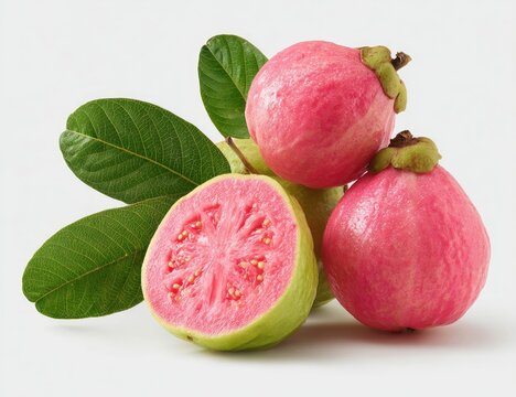 Fresh Pink Guava Fruit with Green Leaves on White Background.