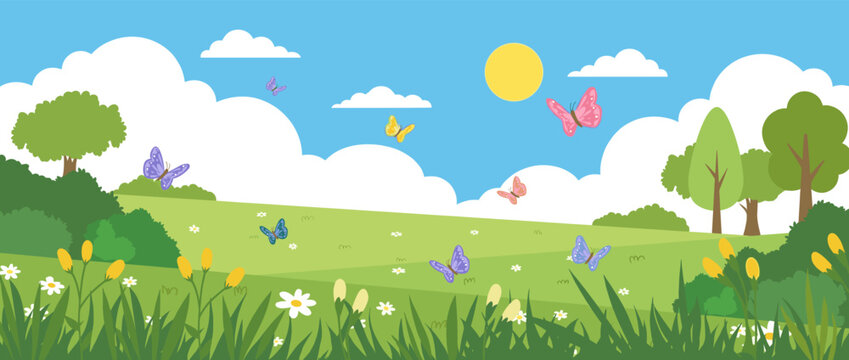 Vibrant spring landscape banner illustration with colorful butterflies flying over lush green meadow fields and blooming wildflowers under a sunny blue sky for seasonal marketing designs