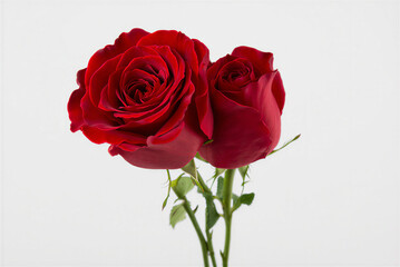 Fototapeta premium Two red roses with green stems and leaves on light gray background transparent background
