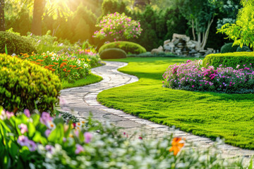 Fototapeta premium Landscape gardening design with green manicured lawn, green backyard with colorful blooming flower beds.