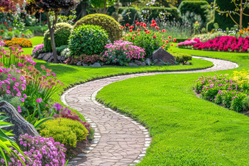 Obraz premium Landscape gardening design with green manicured lawn, green backyard with colorful blooming flower beds.
