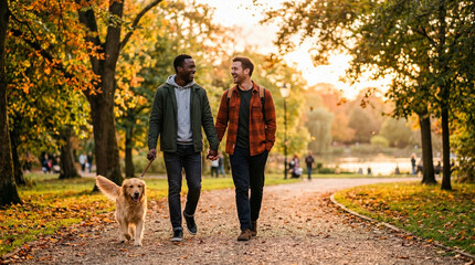 Fototapeta premium Two men walk hand in hand along a tree-lined park path at golden hour. They smile while walking a golden retriever, warm autumn light creates a joyful mood.