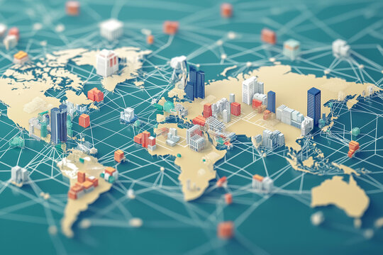 Intricate global value chains connecting manufacturers, suppliers, and distributors across borders - conceptual illustration of international trade and supply chains