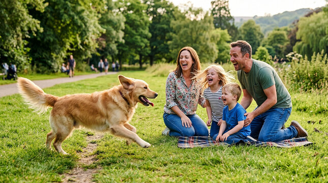 Golden retriever runs toward a laughing family on a grassy park lawn. Parents and two children kneel on a plaid blanket smiling in warm sunlight.