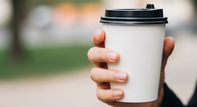 Close-up of a hand holding a paper cup with a lid, perfect for coffee shops or cafes