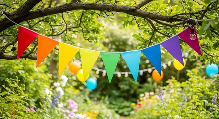 Colorful bunting and fairy lights strung in a lush, green garden, inviting and cheerful