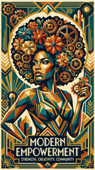 Fototapeta premium Art deco poster profile woman holding gear with floral and mechanical afro and Modern Empowerment text
