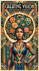 Obraz premium Art deco poster of geometric woman with floral and gear afro and Creative Vision text
