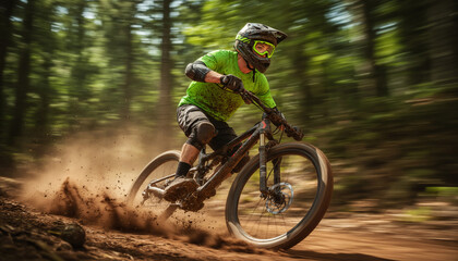 Fototapeta premium Professional mountain biker riding fast through a green forest trail with dirt and dust flying, extreme sport action shot in bright summer daylight for adventure and fitness concept