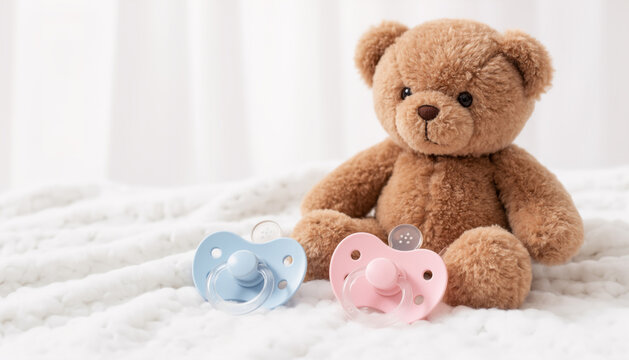 Adorable brown teddy bear sitting on a soft white knitted blanket with two baby pacifiers in blue and pink colors, nursery room decor and newborn announcement concept