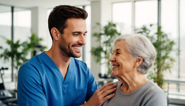 Friendly young male nurse in blue scrubs smiling and supporting senior woman in bright modern assisted living facility while discussing healthcare and elderly care services