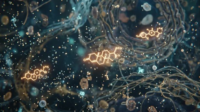 Abstract Cellular Environment Visualizing the Leptin Hormone's Journey