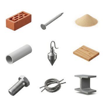 Set of construction materials and building tools icons including brick, nail, sand, pipe, plumb bob, wood plank, bolt, wire, and steel I-beam isolated on white background
