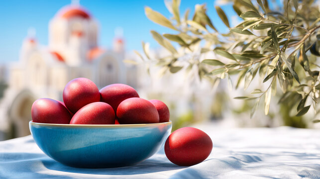 Red dyed Easter eggs arranged in a bowl on a table with a blurred church and olive branches in the background