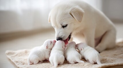 Obraz premium Dog mother gently licking her newborn puppies while they rest on cozy blanket. Animal parenting, nurturing and protection showing the natural bond between mother dog and her babies