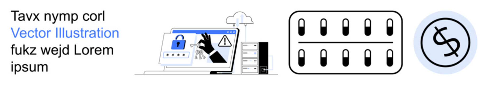 Cybersecurity, online threats, data protection, financial security, system breach, digital communication. A lock, server tower and dollar sign highlight online safety concepts. Cybersecurity