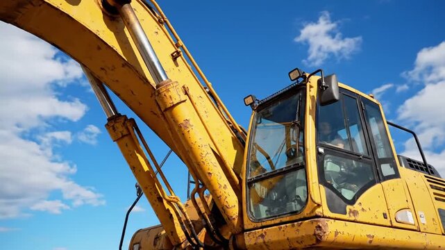 Yellow Excavator Machine Against Blue Sky With Clouds.