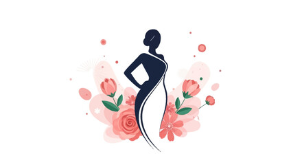 A confident businesswoman silhouette stands amidst vibrant pink flowers and green leaves on a white background, celebrating Women's Day with colorful floral decorations © Ganbate