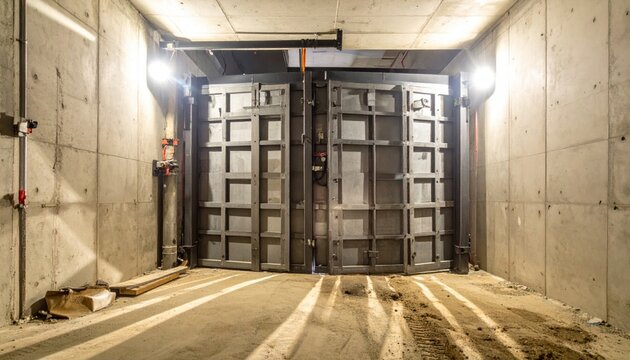 A massive heavy-duty airlock system under construction within a sturdy concrete basement entrance, showcasing advanced security engineering.