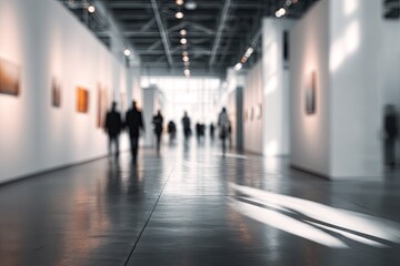 Blurred Silhouettes of People Walking Through a Modern Art Gallery Hallway.