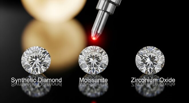 Laser Tester Comparing Synthetic Diamond, Moissanite and Zirconium Oxide Gemstones on Black Background