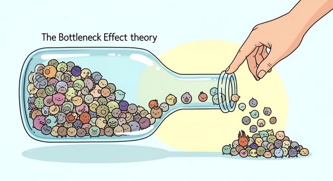 Cute Cartoon Illustration of Bottleneck Effect Theory in Genetics, Population Biology Concept with Colorful Characters in Glass Bottle
