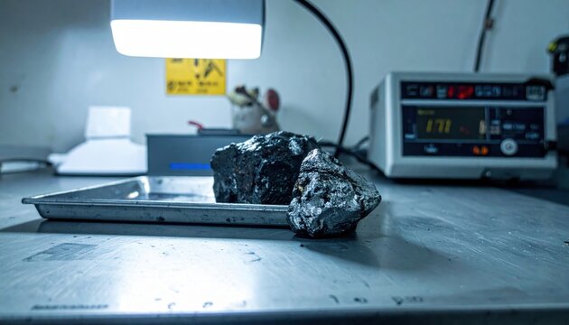 Two dark, irregularly shaped lumps of uranium ore showing their rough texture, resting on a metal tray in a brightly lit laboratory environment.