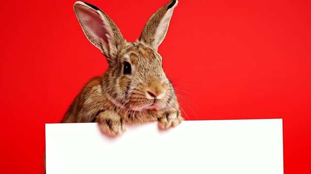Adorable brown rabbit with upright ears peeking over a blank white sign, ready for your text message or promotional announcement against a vibrant red background.