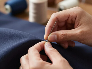 Close up of tailor hands sewing fabric with needle and thread, Generative AI