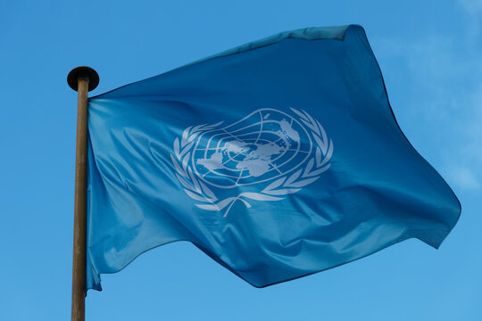Paris, France - Marcg 15, 2026 : Waving united nations UN flag. Shot on the UNESCO headquarters building at 7 place de Fontenoy in Paris.