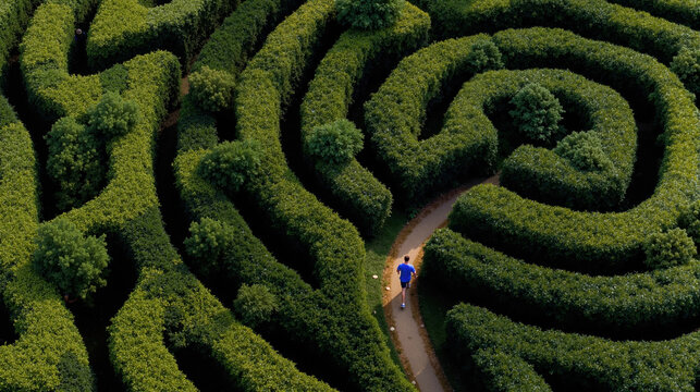 Aerial view of man running on green hedge maze pathway among lush greenery, labyrinth like surreal garden