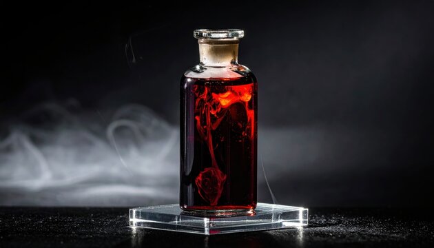 A striking glass vial containing dark reddish-brown liquid bromine, with visible vapor rising above, showcasing its volatile nature and chemical properties in a controlled laboratory environment.