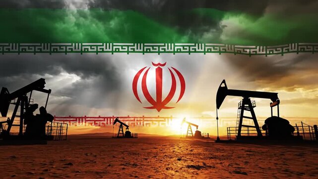 Iranian Oil Industry Landscape with Pumpjacks and Flag.