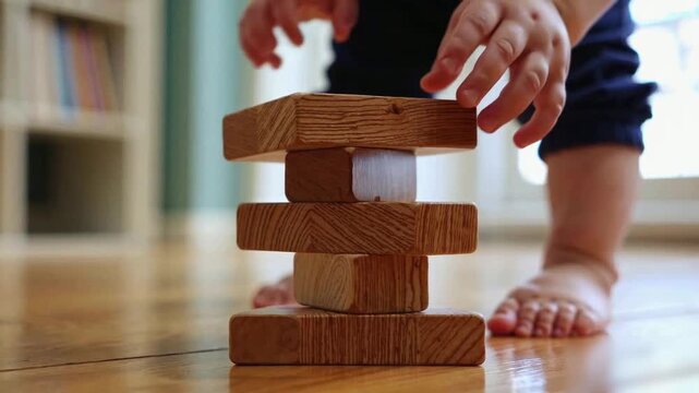 Baby toddler carefully placing wooden block on tower floor level view warm home interior