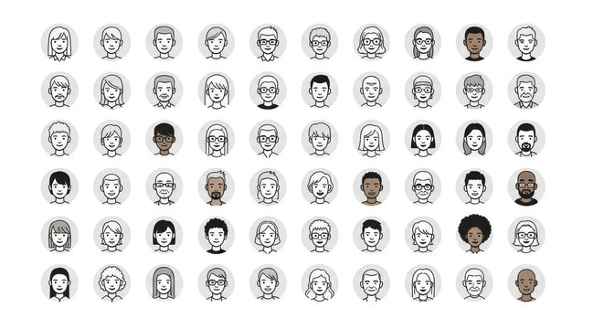 A grid of 42 minimalist, hand-drawn black and white human avatar icons with diverse ages, genders, and ethnicities, featuring various hairstyles and expressions, in transparent circular frames on a
